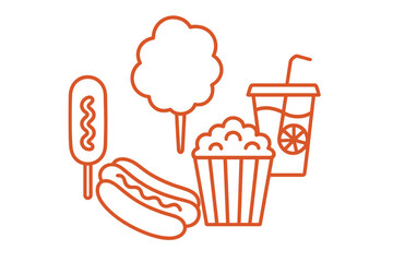 Classic fair and carnival food items: hot dog, corn dog, popcorn, cotton candy, and soda drink