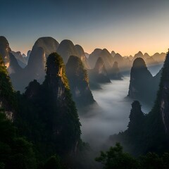 Misty Limestone Karst Towers at Dawn