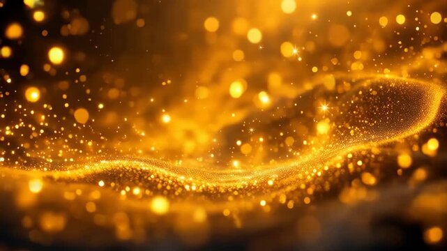 Golden Glittering Particles Swirling With Soft Bokeh Lights In Dark Background