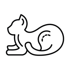 A black line drawing of a cat lying down The cats tail is curled There are dashed lines on its side