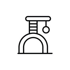 A black line drawing of a cat tree with a toy ball hanging from the top platform