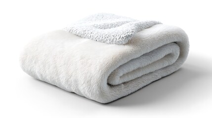 A soft, white, fluffy faux fur and sherpa throw blanket, neatly folded on an isolated white background.