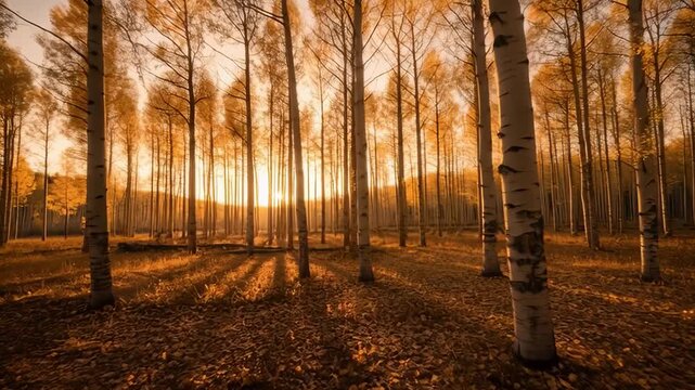 Golden Hour Sunlight Filters Through Aspen Trees in Autumn Forest With Fallen Leaves on the Ground