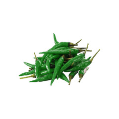 A vibrant pile of fresh green chili peppers showcasing their natural texture and bright color against a stark black background