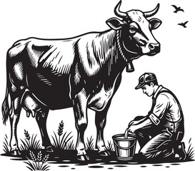 Fototapeta premium Farmer Milking Cow Silhouette
