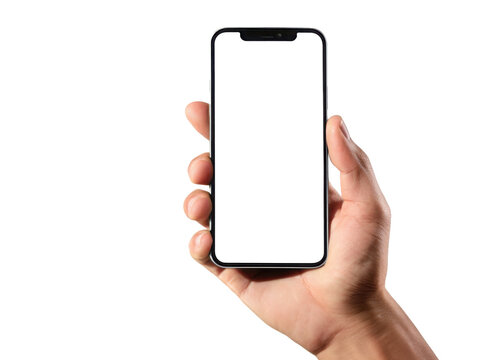 Hand holding smartphone mockup with blank white screen isolated on white background for mobile phone ui app or website design in hands front view.
