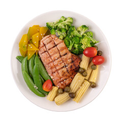 A perfectly grilled salmon fillet served with a vibrant medley of steamed broccoli snap peas roasted squash cherry tomatoes and corn on the cob