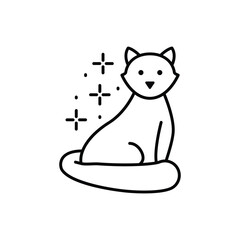 A black line drawing shows a cat sitting on a rounded surface with stars nearby