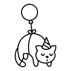 A black line drawing shows a cat wearing a party hat holding a balloon tied with a bow