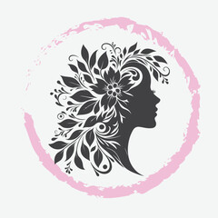  logo of a woman’s side profile with flowing hair, minimalist and elegant