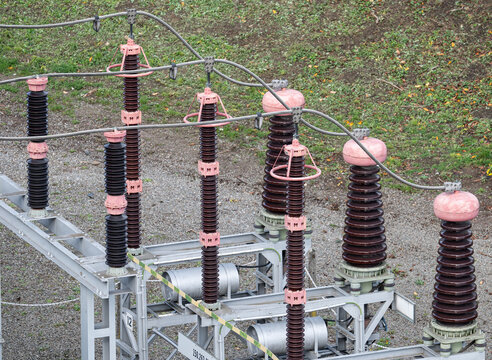 components of a high-voltage substation, primarily insulators and potentially current transformers Anderlecht, Brussels Capital Region, Belgium