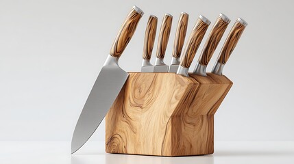 A collection of high-quality kitchen knives with wooden handles displayed in a wooden block.