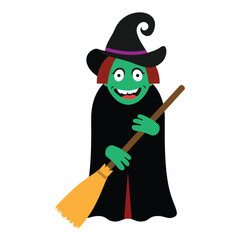 Halloween witch with broomstick. Spooky funny witch illustration for Halloween. Vector