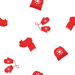 Merry Christmas and Happy New Year seamless pattern with winter accessories: red hat, scarf and mittens