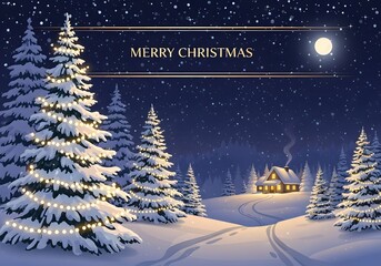 Tranquil Night Holiday Scene, Moonlit Winter Landscape With Snow Covered Trees, Festive Lights, Cozy Cabin Vector Art