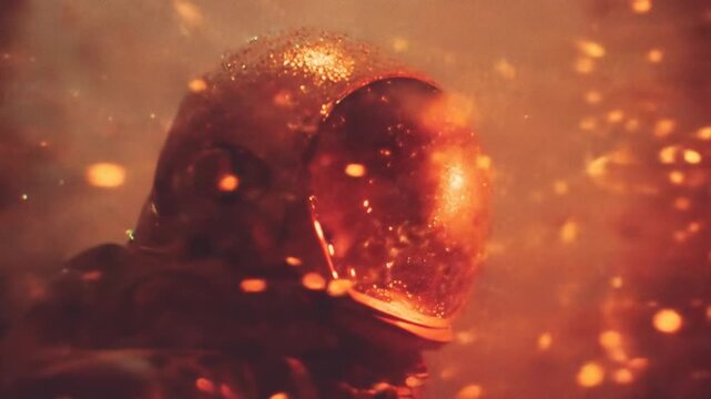 Dramatic close-up of an astronaut's helmet and visor glowing in a fiery, particle-filled, intense space environment, science fiction concept.