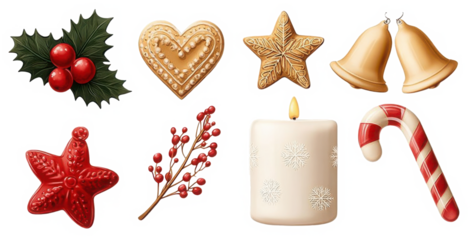 PNG Festive holiday decoration elements, element set on transparent background

