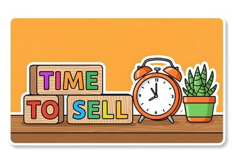 Sticker Artwork Time to Sell Blocks Vintage Alarm Clock Potted Plant Decorative Sign Promotion Advertising Marketing Sticker