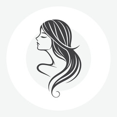 logo of a woman’s side profile with flowing hair,