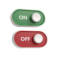 On and off toggle switches isolated on transparent background, featuring a green on switch and a red off switch, indicating power states