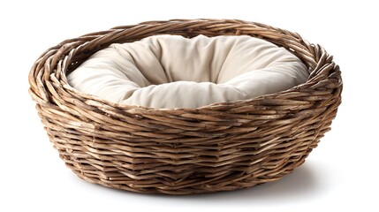Obraz premium A cozy, round wicker pet bed with a plush, cream-colored cushion inside, presented on a clean white background.