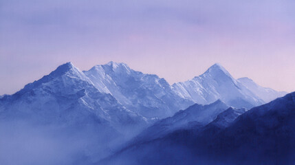 Misty mountain snowy peak twilight watercolor serene, Misty mountain range glows twilight soft