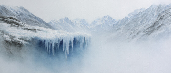 Fototapeta premium Frozen ledge icicles Himalayan mountains winter mist glacier