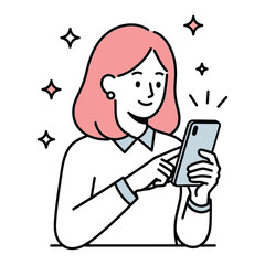 A cheerful woman happily using her smartphone, simple vector line art illustration of online communication and technology