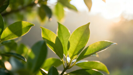 Obraz premium Sunlit green leaves in nature