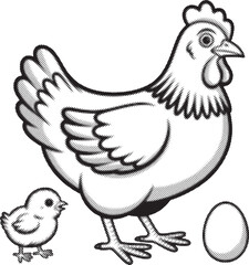 Retro Chicken and Chick Halftone Vector  Black and White Comic Style Poultry Illustration