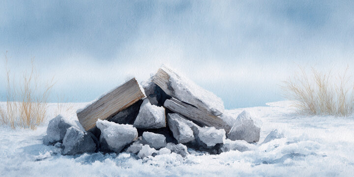 Snowy campfire frozen stones winter landscape icy fire pit abandoned