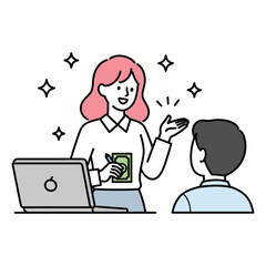 A successful female consultant presenting a profitable business opportunity with a laptop and cash to a client