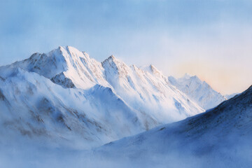 Obraz premium Snowy mountain icy ridge sunrise watercolor Himalaya