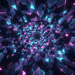 Abstract geometric tunnel made of floating polygons, depth of field focus