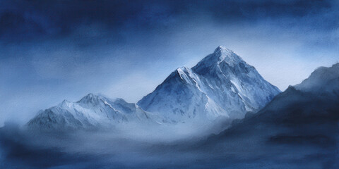 Obraz premium Watercolor mountain blue hour cold serene, Watercolor mountain blue hour evokes cold serene mood