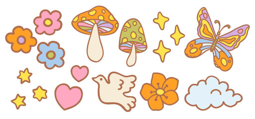 Vintage vector set icons of groovy elements in 1970s retro style. Hippie icons in retro funky style.