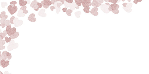 Pink hearts frame made of confetti glitter hearts on left corner, design element.