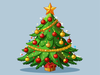Fototapeta premium realistic detailed vector of decorated Christmas tree with golden lights, red ornaments, star topper, isolated on single-color background