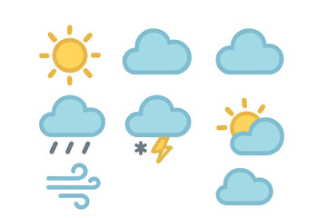 Obraz premium Essential weather forecast symbols set featuring sun, clouds, rain, wind, and storm elements