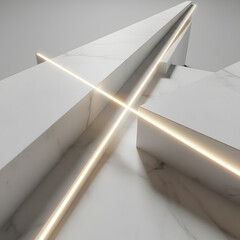 Smooth white marble surfaces intersecting with golden light beams