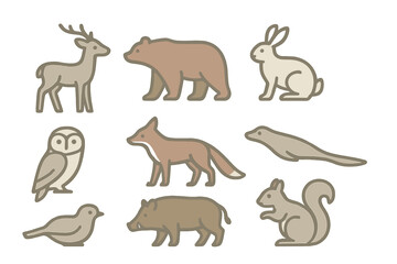 Obraz premium Set of various wild forest animals including deer, bear, rabbit, and fox in simple flat design