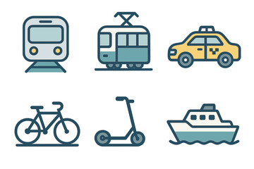 Collection of public and personal transportation modes: train, tram, taxi, bicycle, scooter, boat