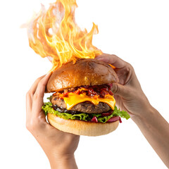 Spicy Flaming Burger Held by Hands - Fiery Fast Food Meal with Intense Heat on transparent background