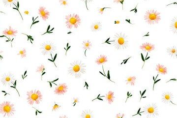 Cheerful watercolor daisies with scattered leafy branches, arranged in a playful repeating pattern that radiates joy and captures the energy of summer days.