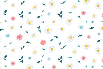 Cheerful watercolor daisies with scattered leafy branches, arranged in a playful repeating pattern that radiates joy and captures the energy of summer days.