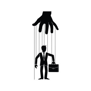 Silhouette of a businessman puppet controlled by a large hand with strings on a white background