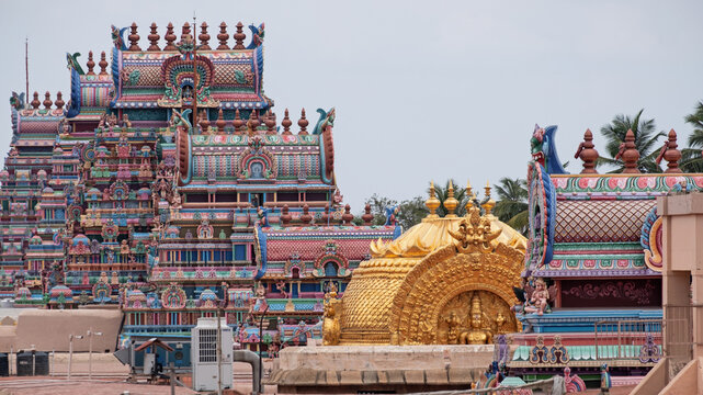 Rooftop of part of the Hindu temple complex dedicated to Vishnu, at Trichy in Tamil Nadu which is the largest such Hindu compound in India. The golden roof caps the sacred inner  sanctum, or Vimana 
