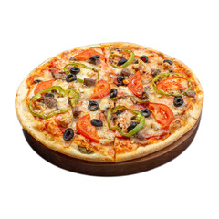 Vegetarian Delicious italian pizza with champignon mushrooms, tomatoes, mozzarella, rucola, peppers and black olives, isolated on white background