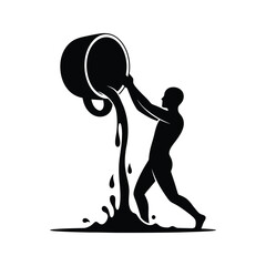 Silhouette of a person pouring liquid from a large vessel creating a splash on a white background