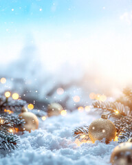 Christmas greeting card. Festive decoration on bokeh background. New Year concept. Copy space.